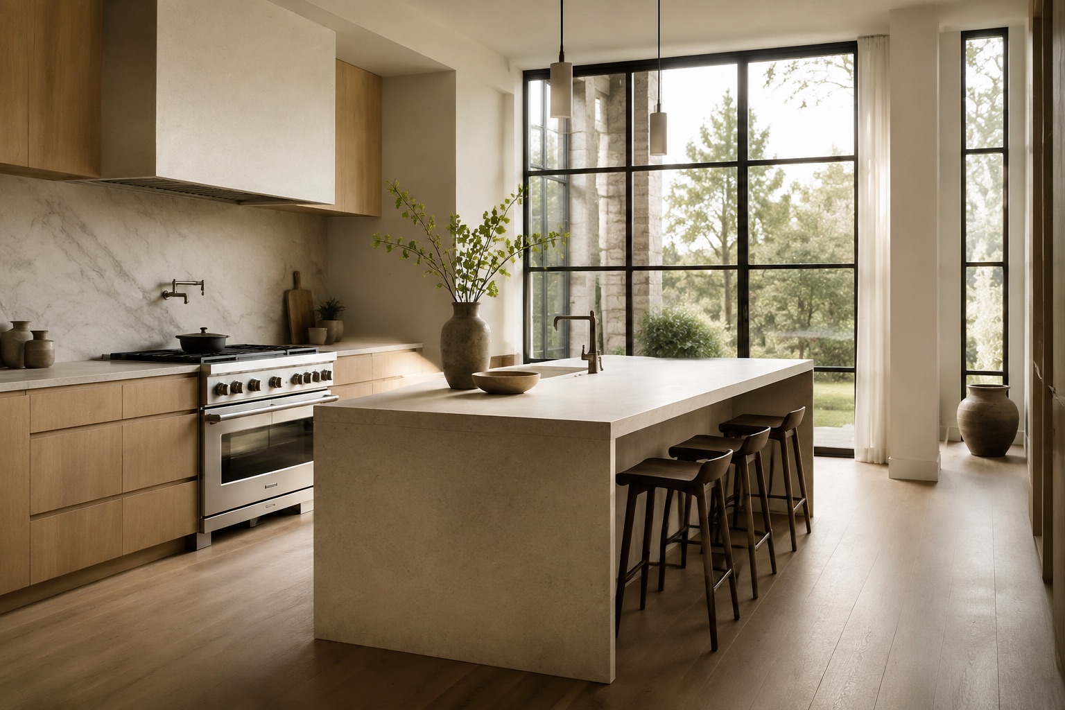 AI-generated concept: Sunlit oak and limestone kitchen