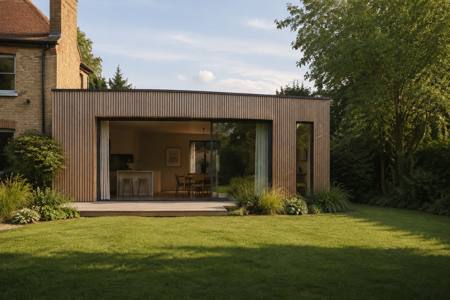 AI-generated concept: Timber-clad addition opening onto a garden