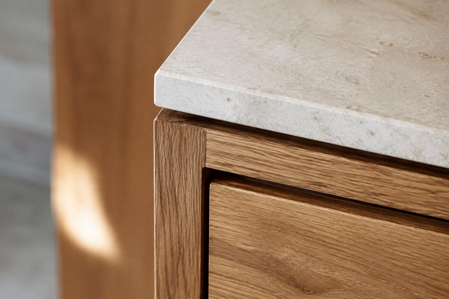 AI-generated concept: Oak joinery meeting a stone countertop