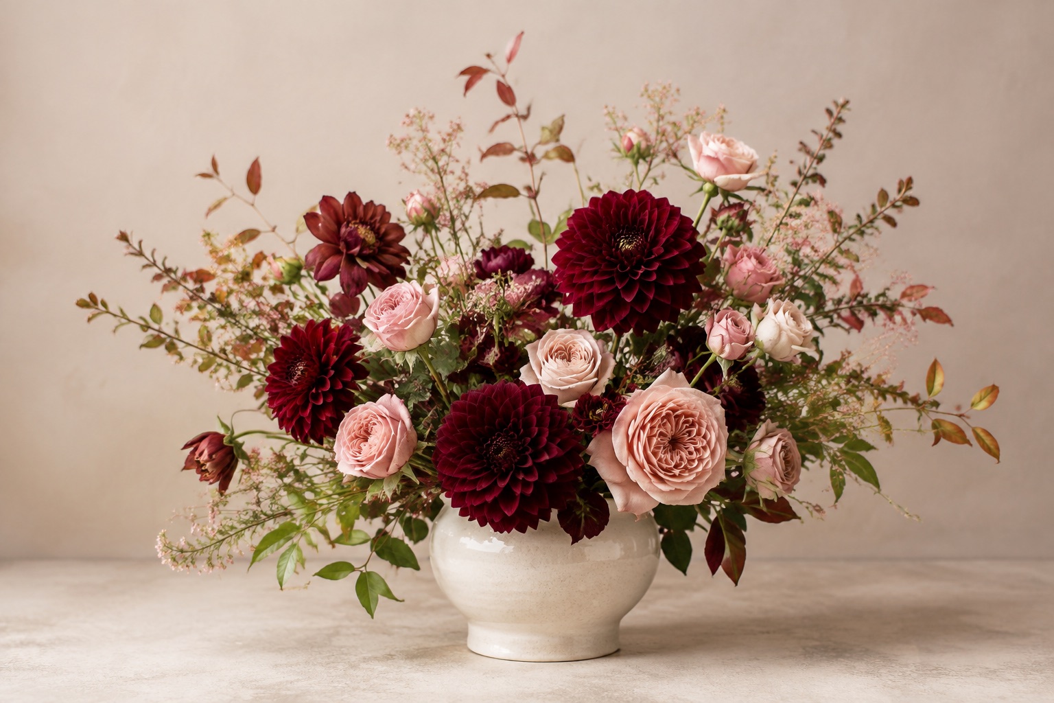 AI-generated concept: Burgundy and blush bouquet in a ceramic vase