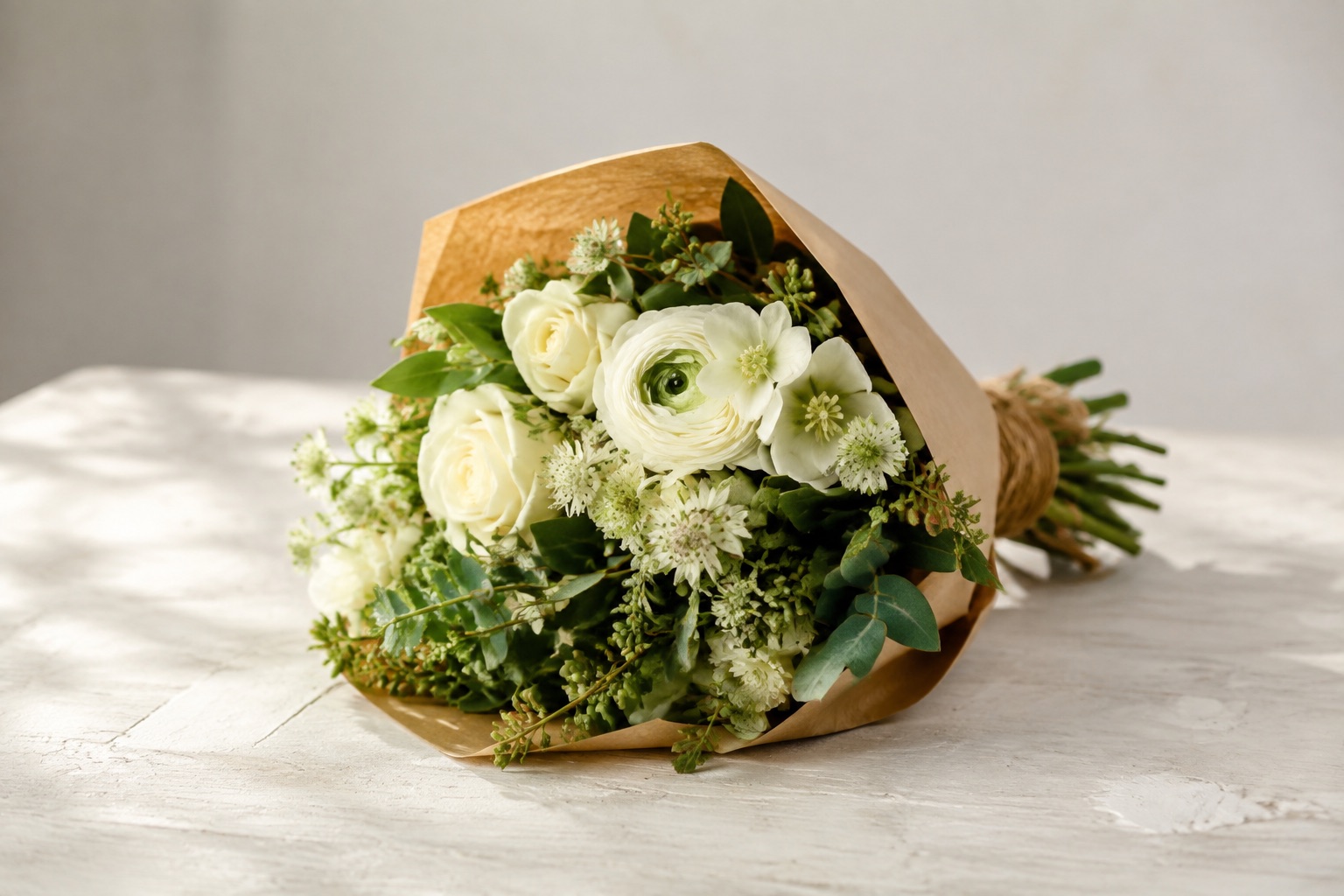AI-generated concept: Cream flowers wrapped in paper