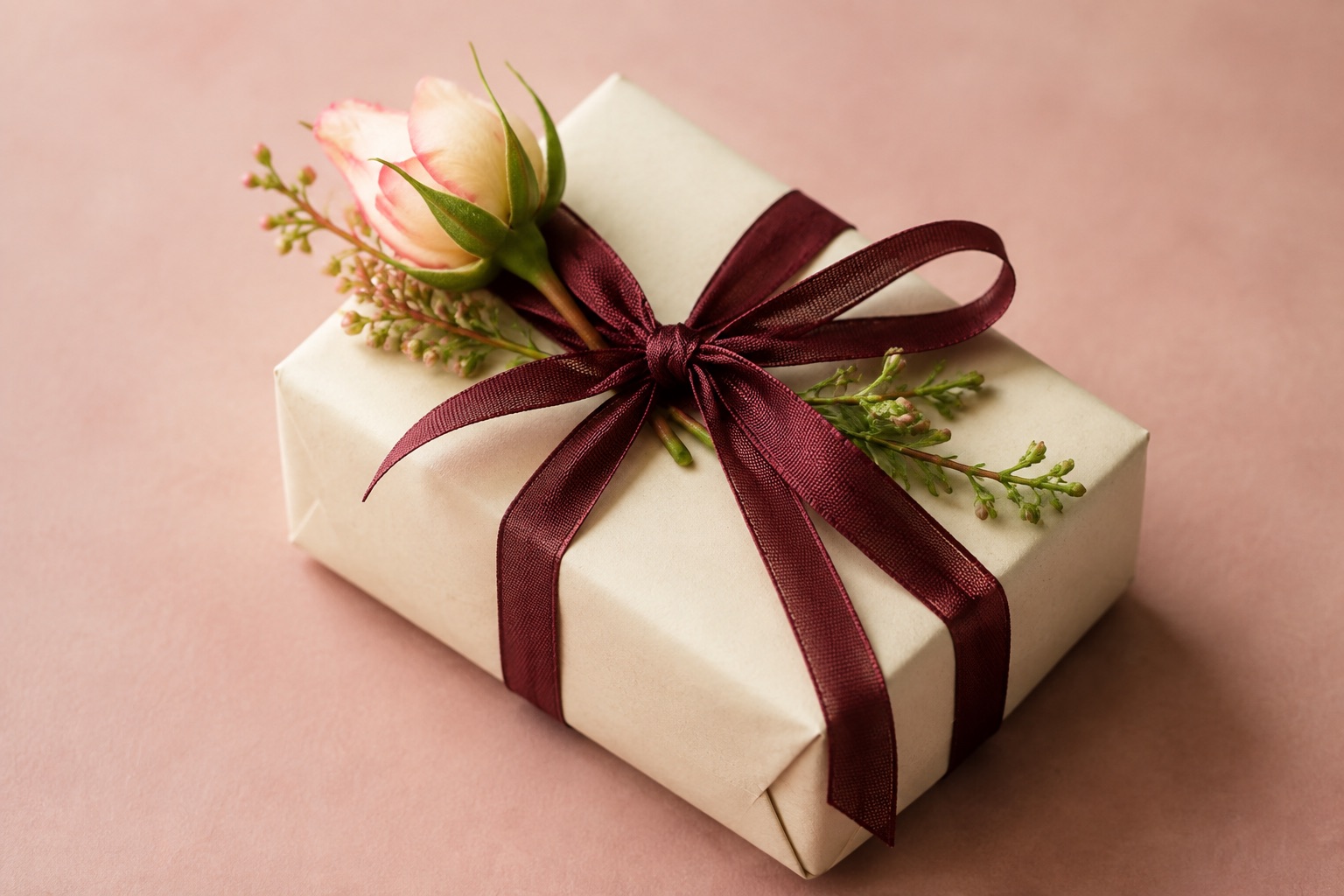AI-generated concept: Cream gift parcel with wine-colored ribbon