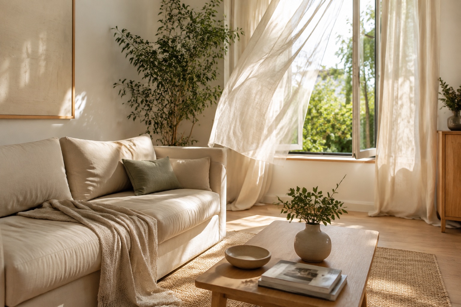 AI-generated concept: Linen sofa beside a sunlit open window