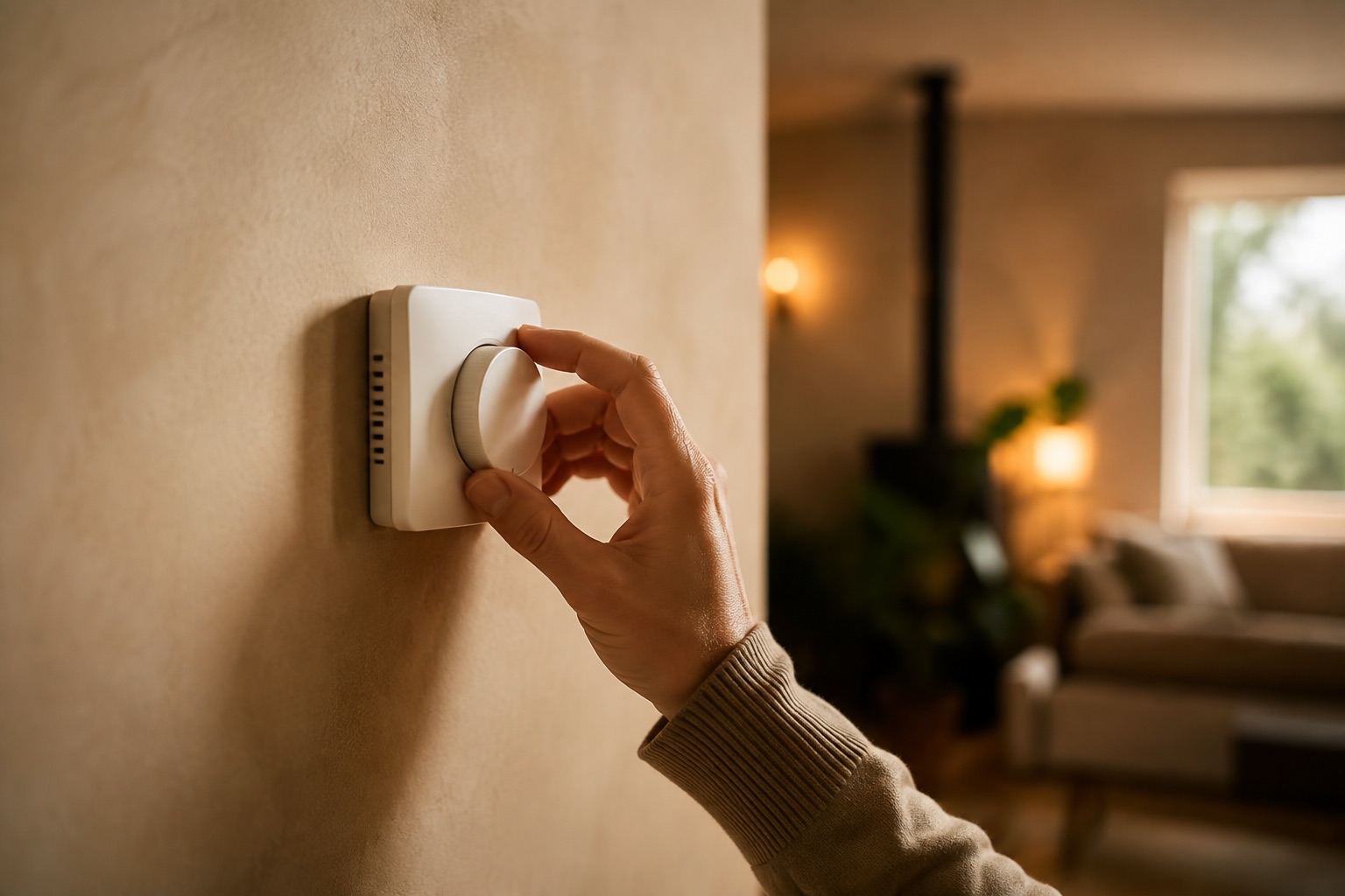 AI-generated concept: Hand adjusting a wall thermostat