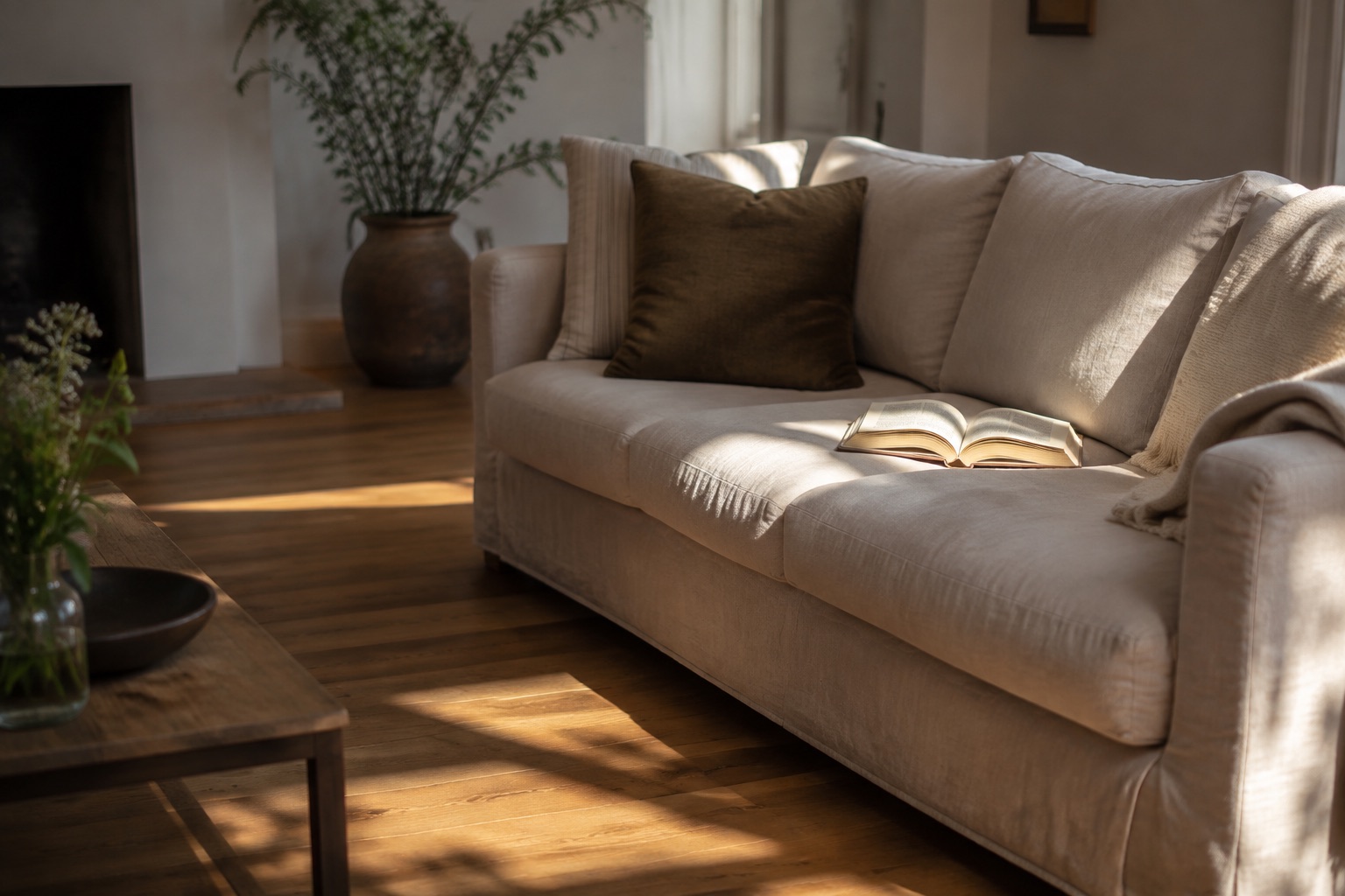 AI-generated concept: Uncluttered living room with linen cushions
