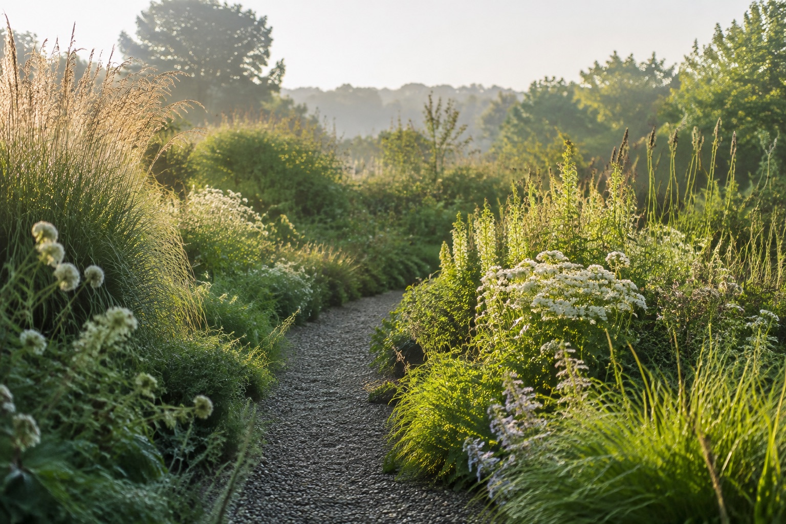 AI-generated concept: Perennial borders around a gravel garden path