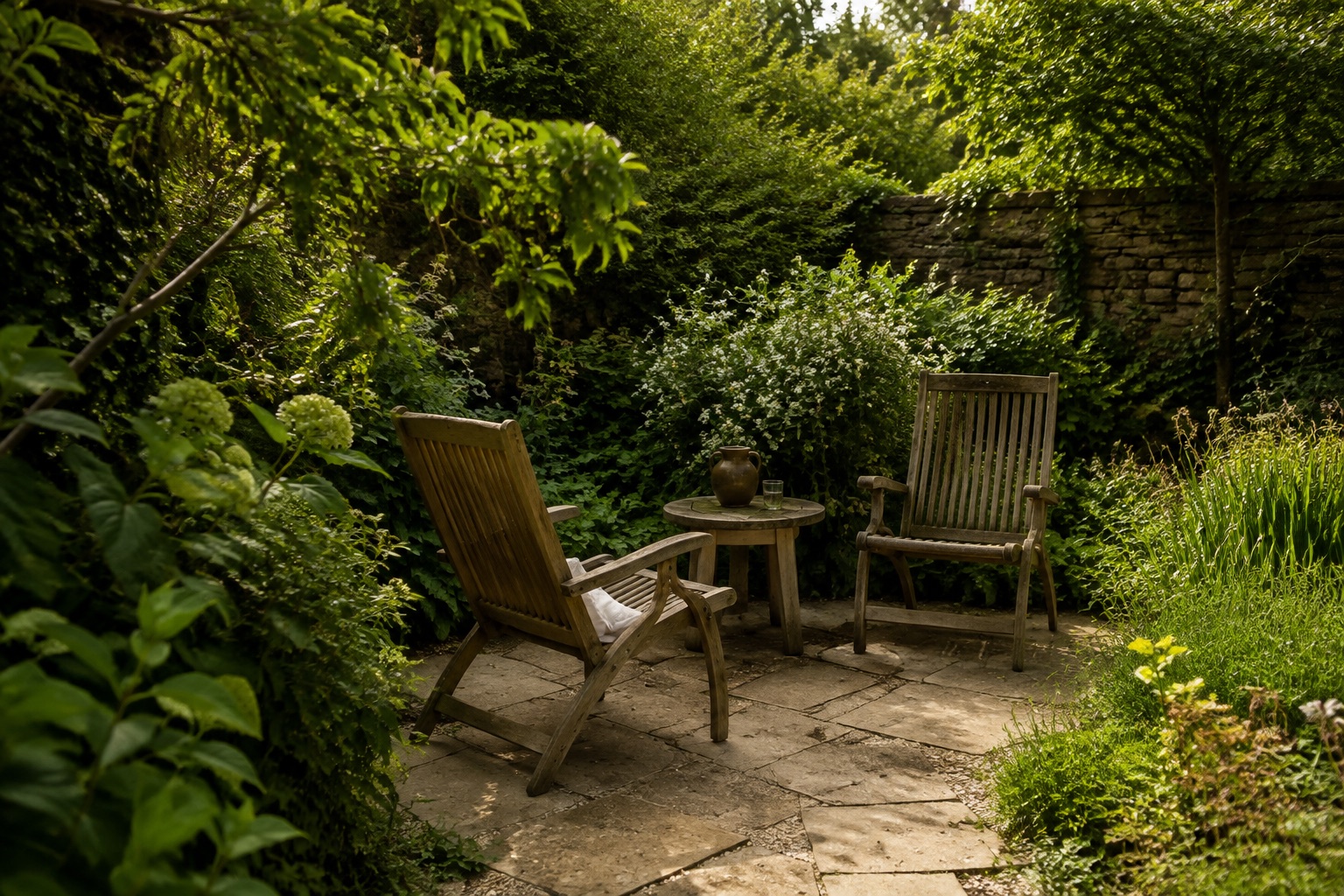 AI-generated concept: Timber chairs on a sheltered stone patio