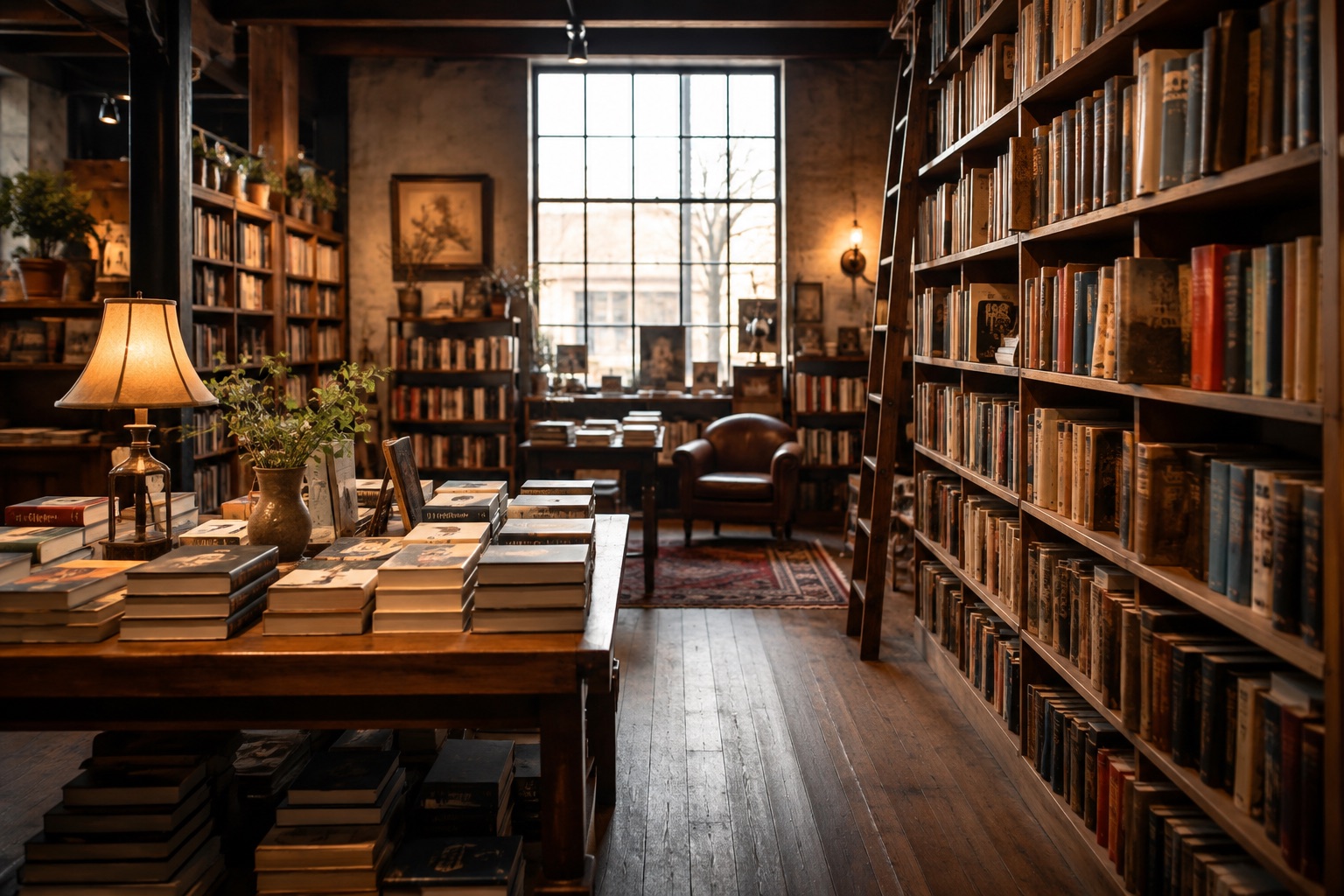 AI-generated concept: Bookstore shelves and inviting reading tables