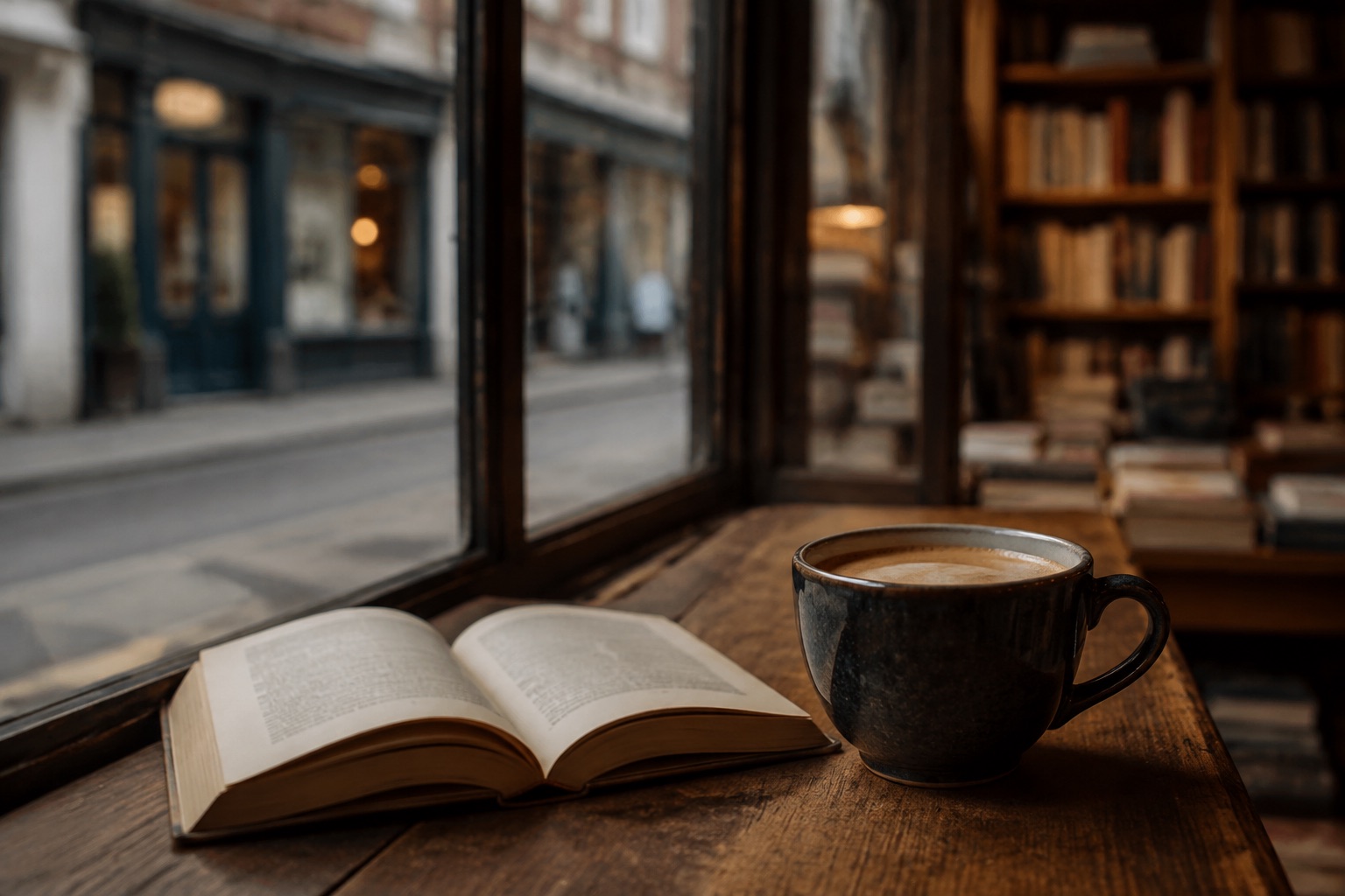 AI-generated concept: Open book and a cup beside a window