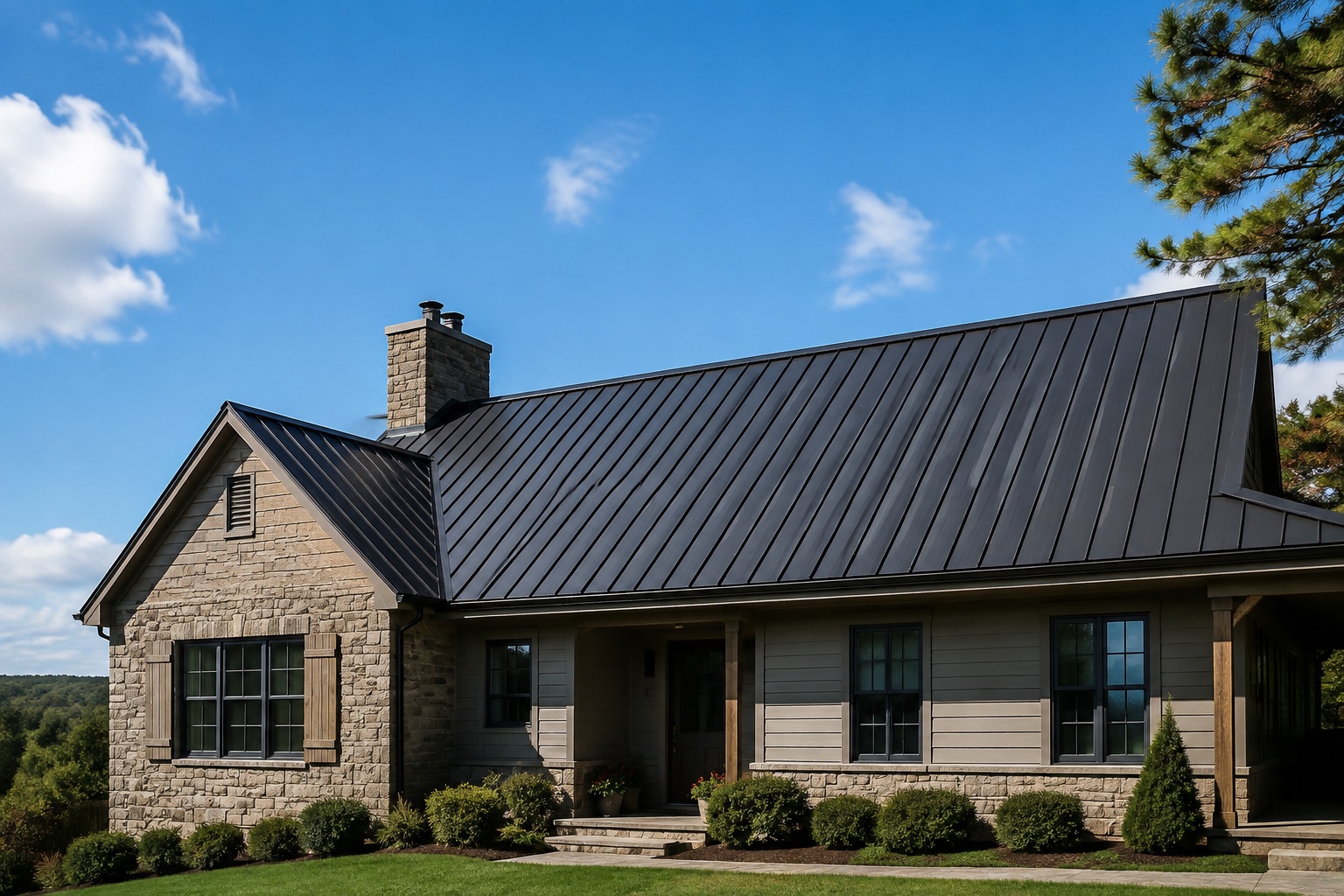 AI-generated concept: Charcoal standing-seam roof on a stone house