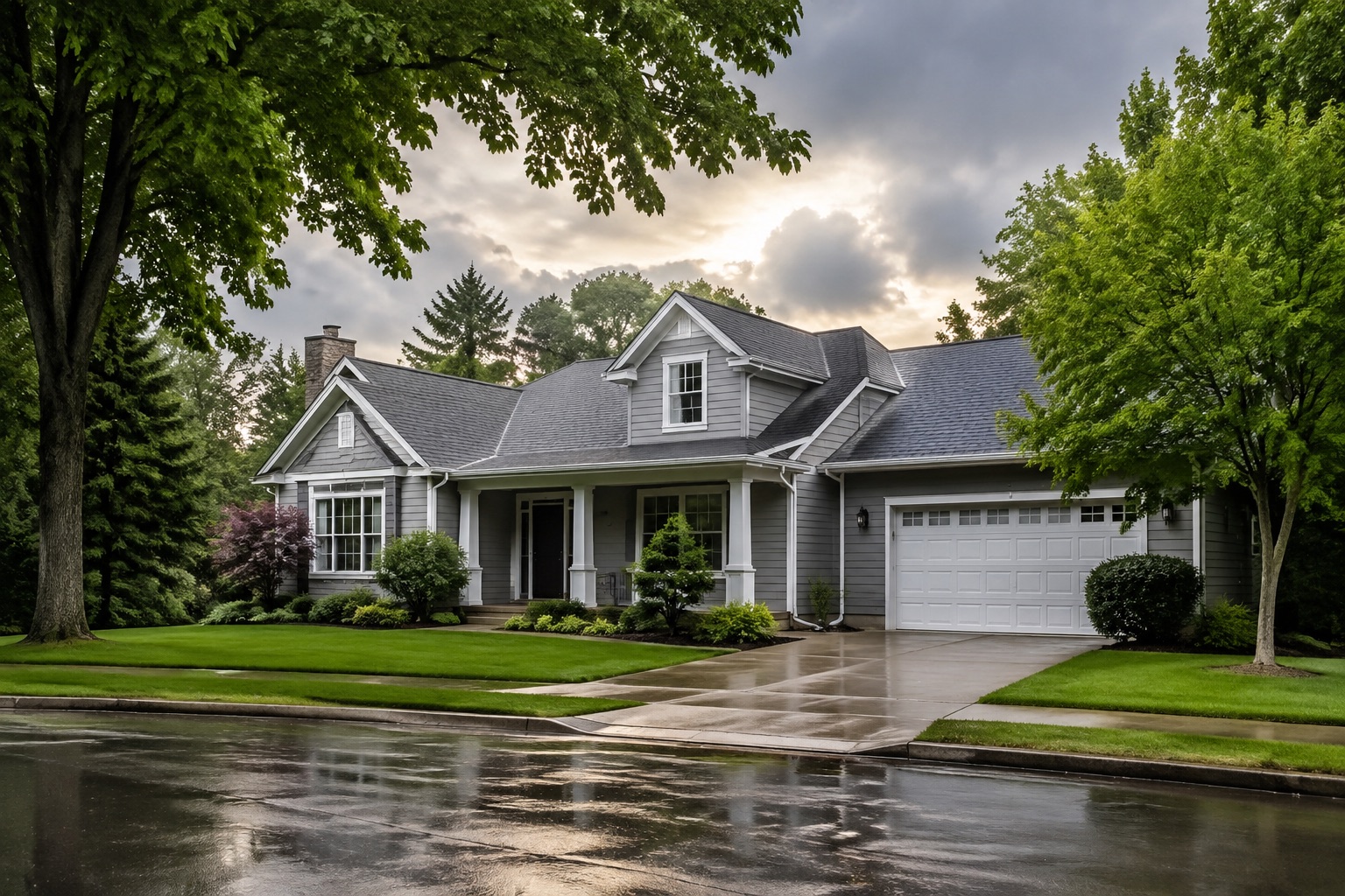 AI-generated concept: Suburban house with a dark roof after rain