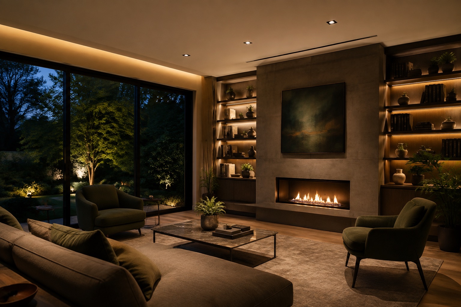 AI-generated concept: Warm interior lighting in a home at dusk