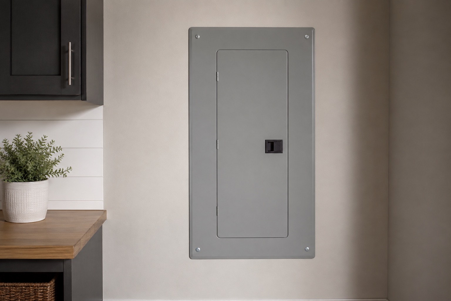 AI-generated concept: Closed electrical panel in a tidy utility space
