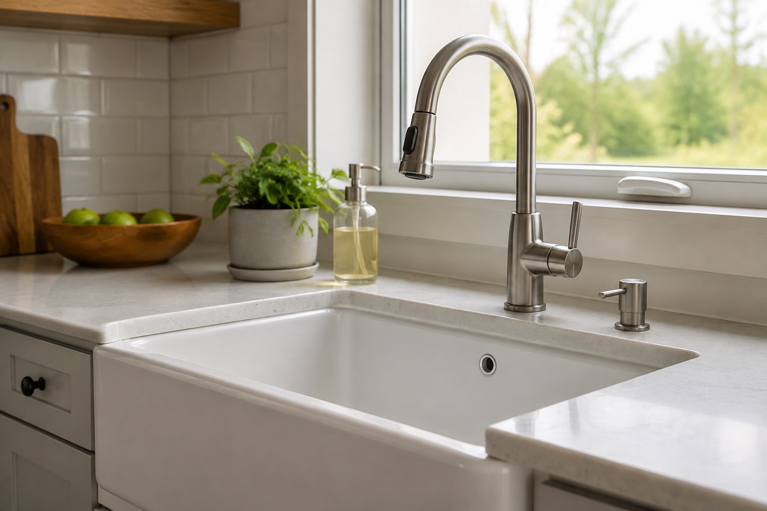 AI-generated concept: White kitchen sink and brushed metal faucet