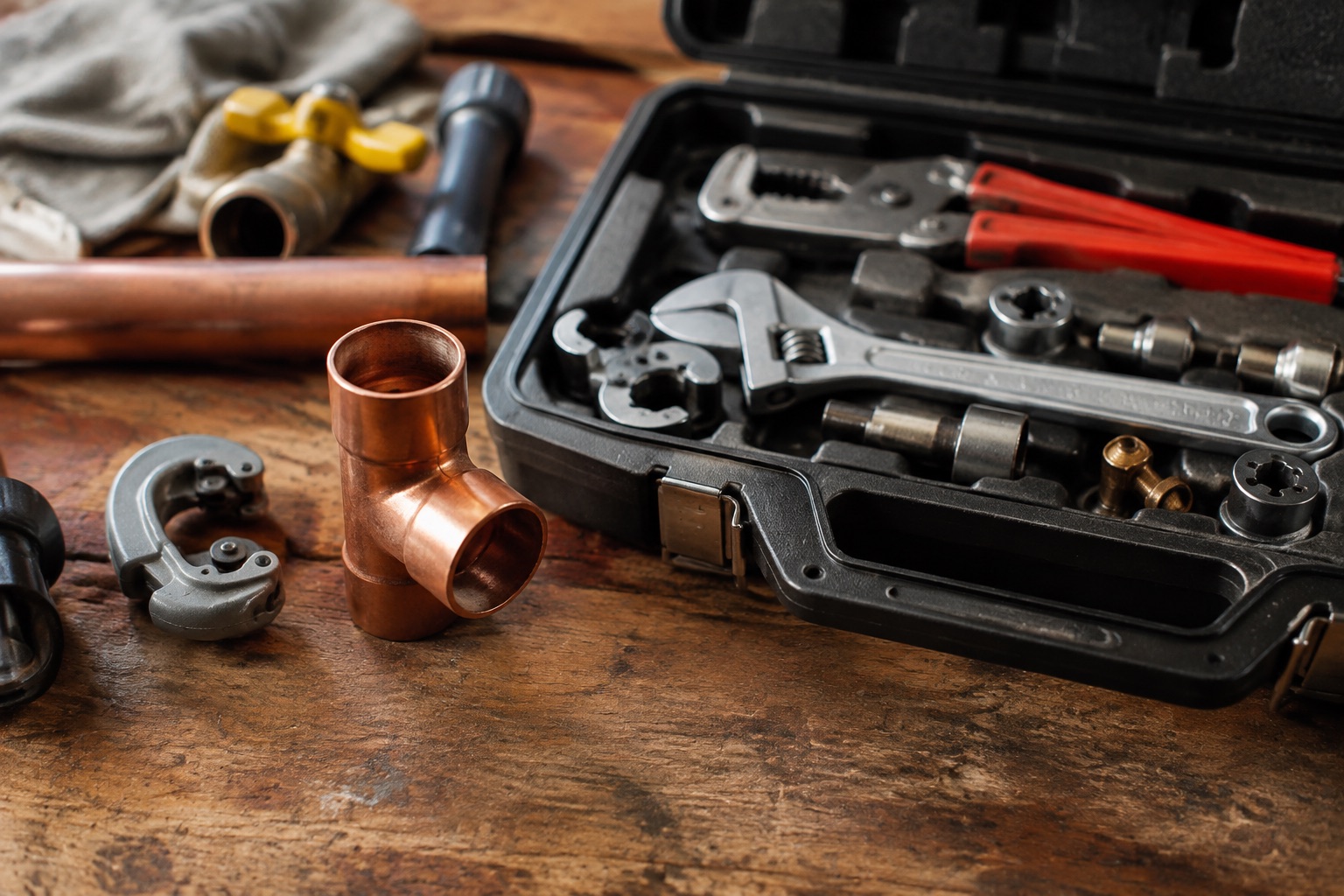 AI-generated concept: Plumbing tools and copper fittings