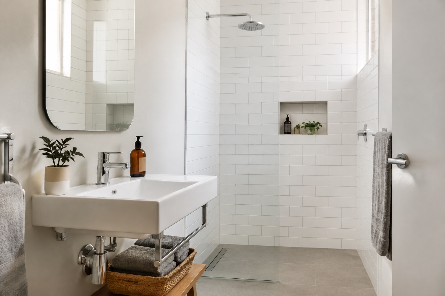 AI-generated concept: Bright bathroom with accessible sink plumbing