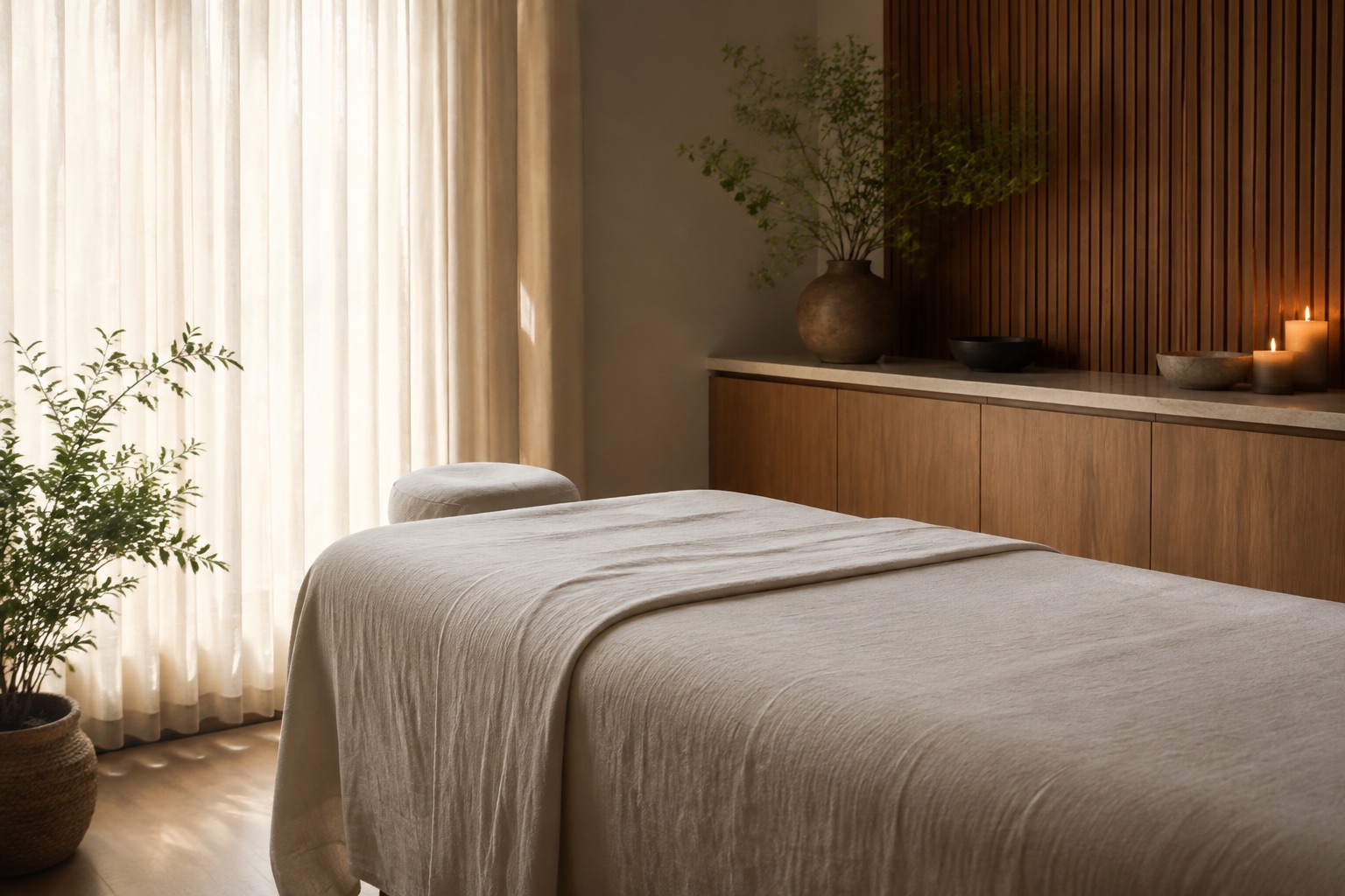 AI-generated concept: Linen-covered massage table in a quiet studio
