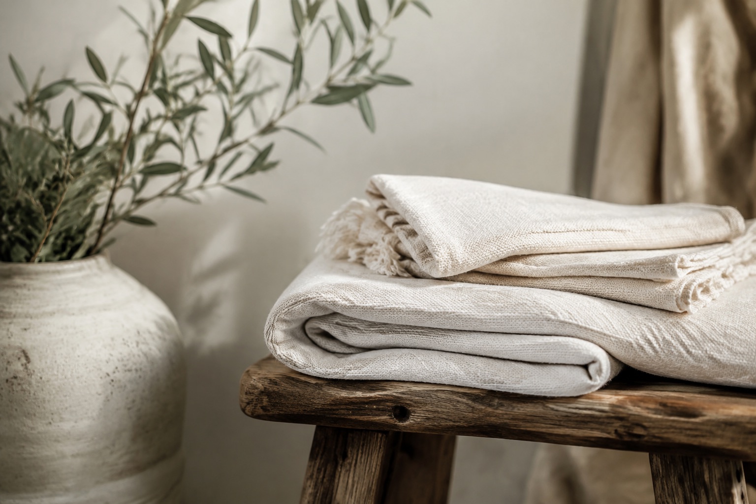 AI-generated concept: Folded towels beside an olive branch