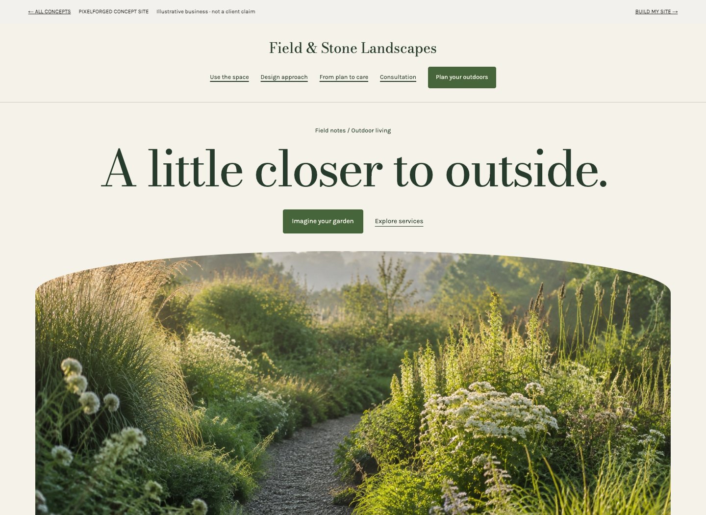 Screenshot of the Field & Stone Landscapes concept homepage