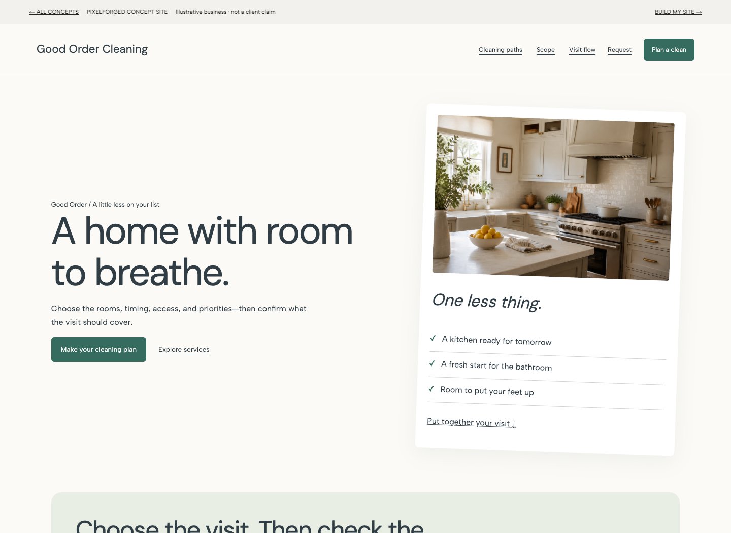 Screenshot of the Good Order Cleaning Company concept homepage