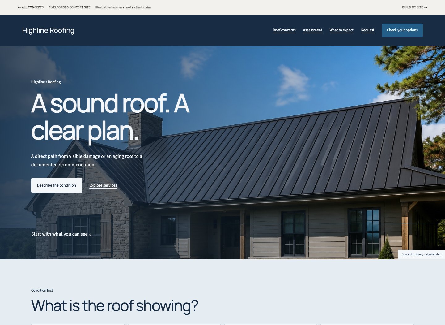 Screenshot of the Highline Roofing concept homepage