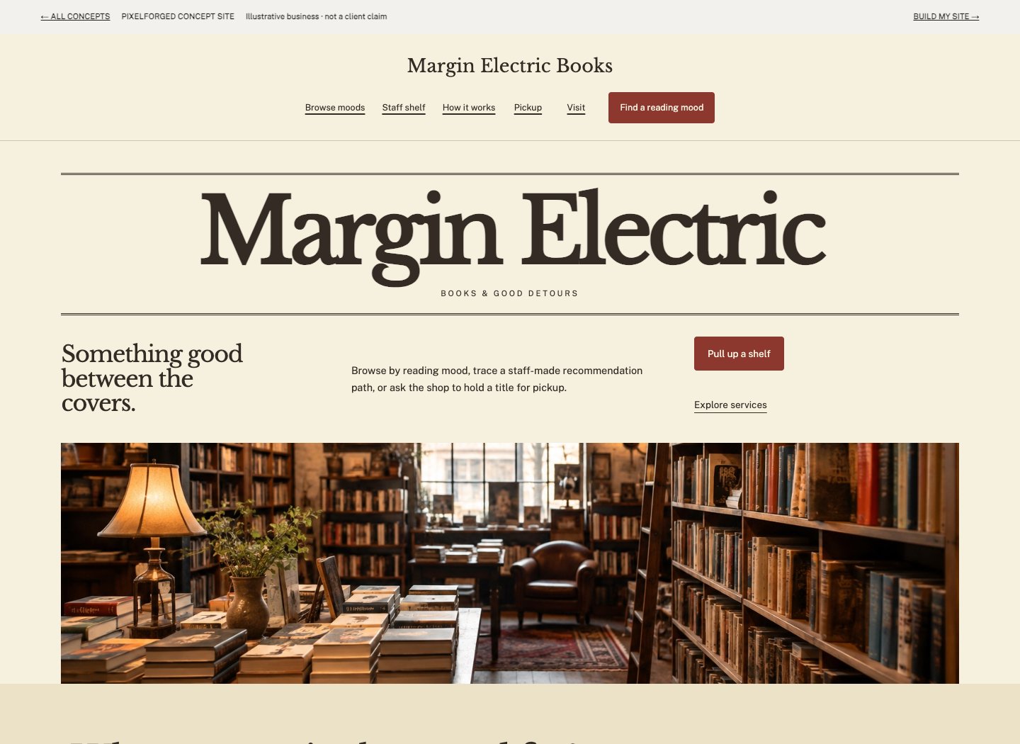 Screenshot of the Margin Electric Books concept homepage