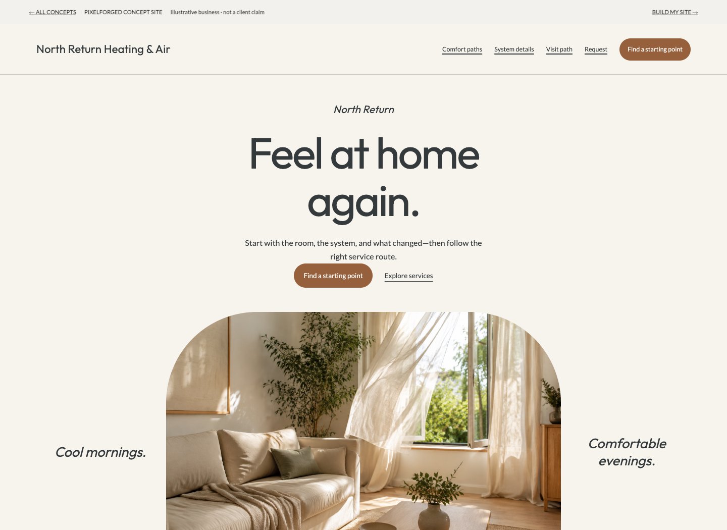Screenshot of the North Return Heating & Air concept homepage