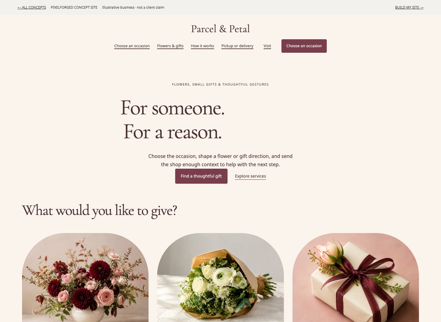 Screenshot of the Parcel & Petal concept homepage