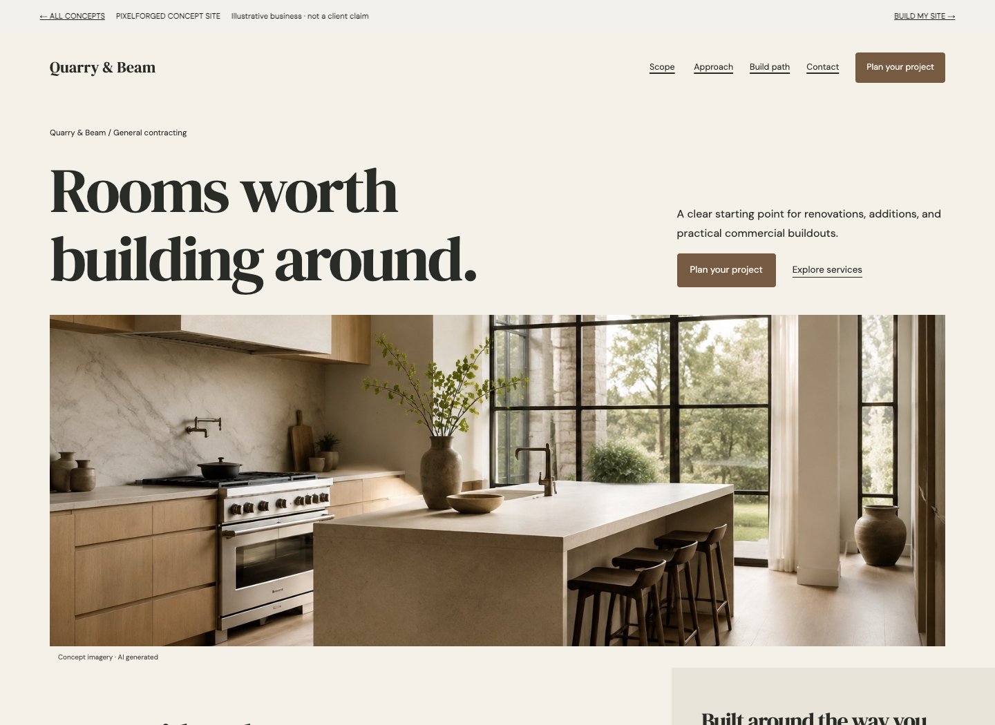 Screenshot of the Quarry & Beam concept homepage