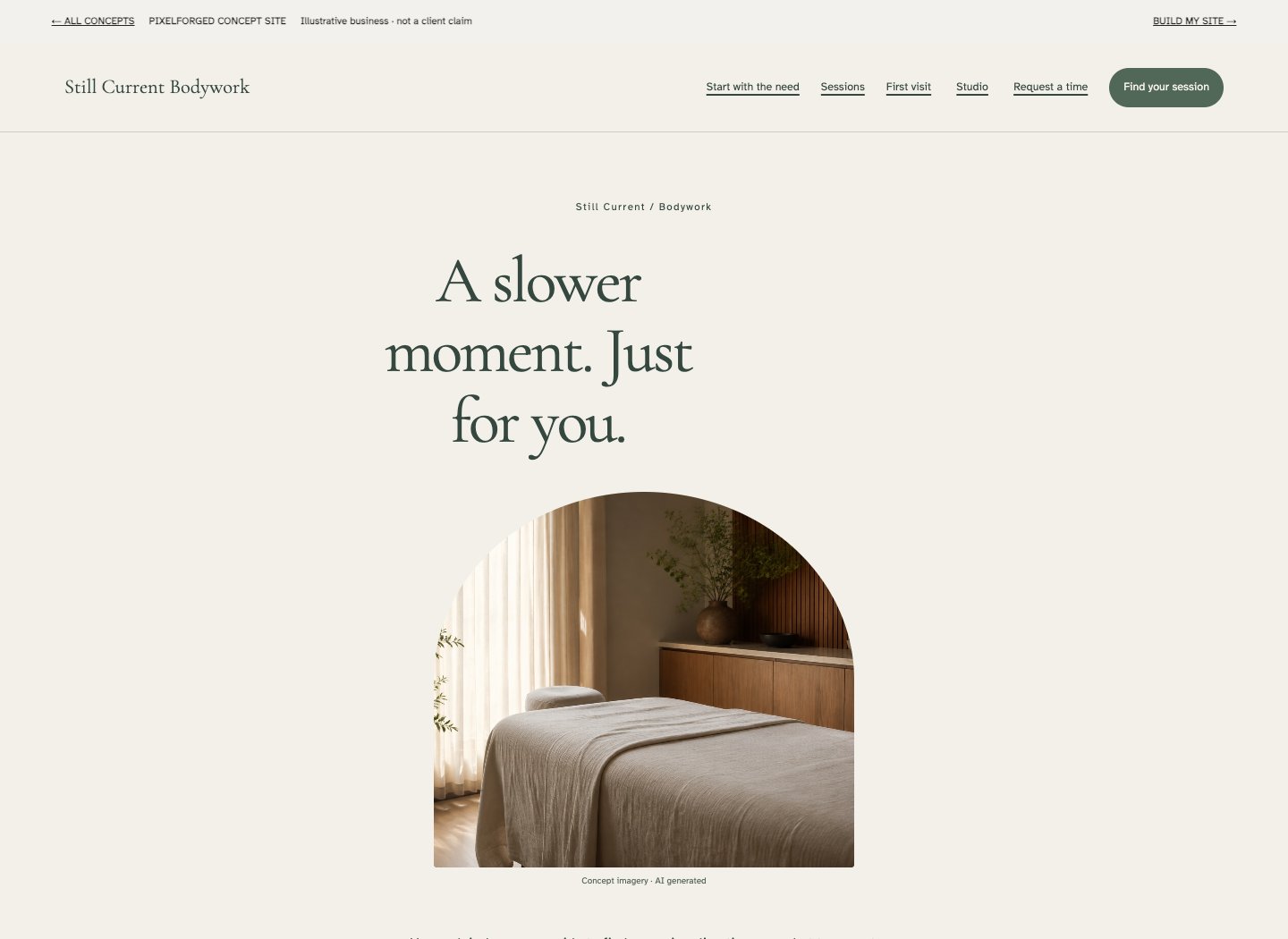 Screenshot of the Still Current Bodywork concept homepage