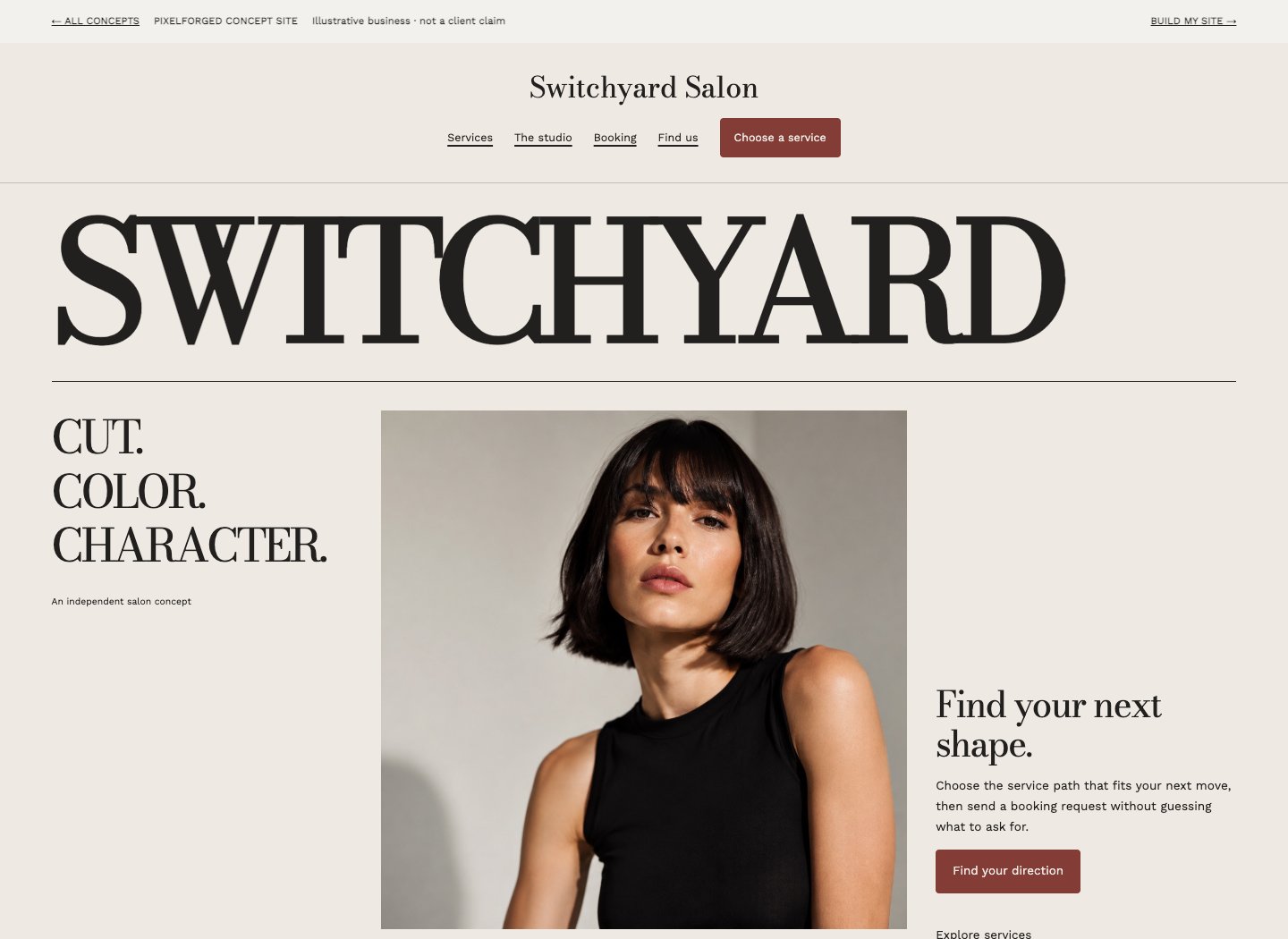 Screenshot of the Switchyard Salon concept homepage