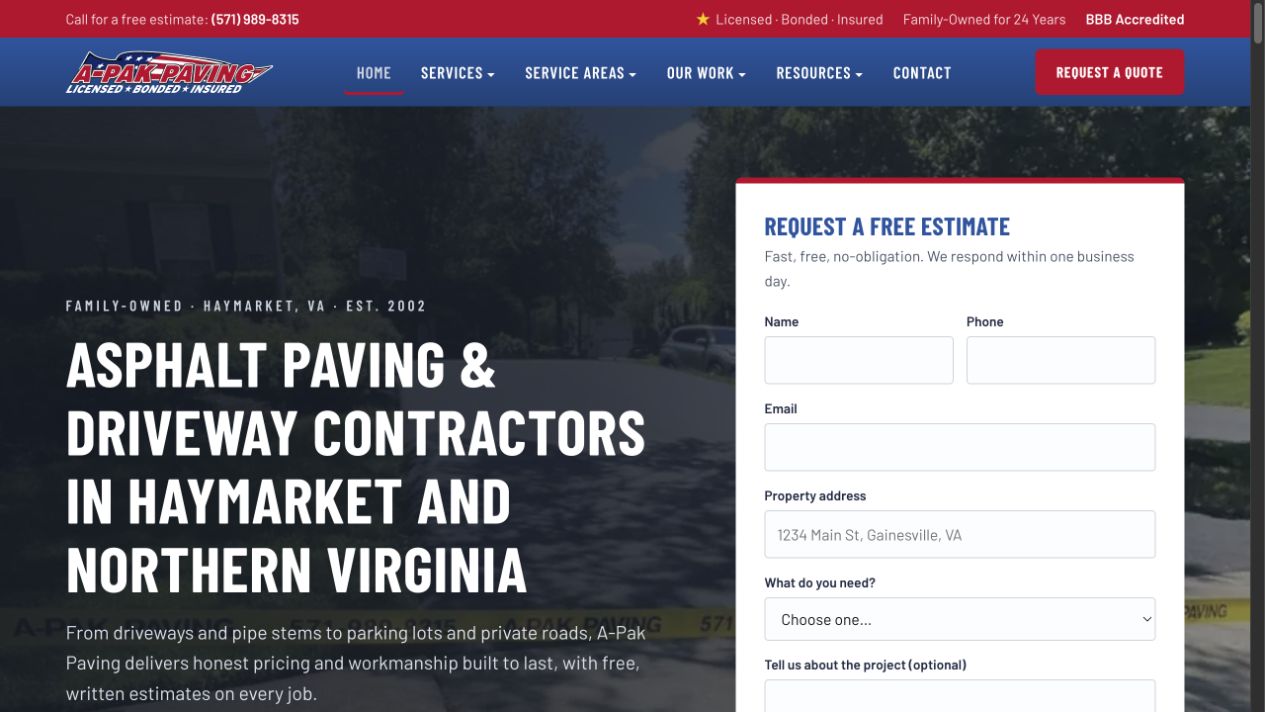 APAK paving company homepage built by PixelForged