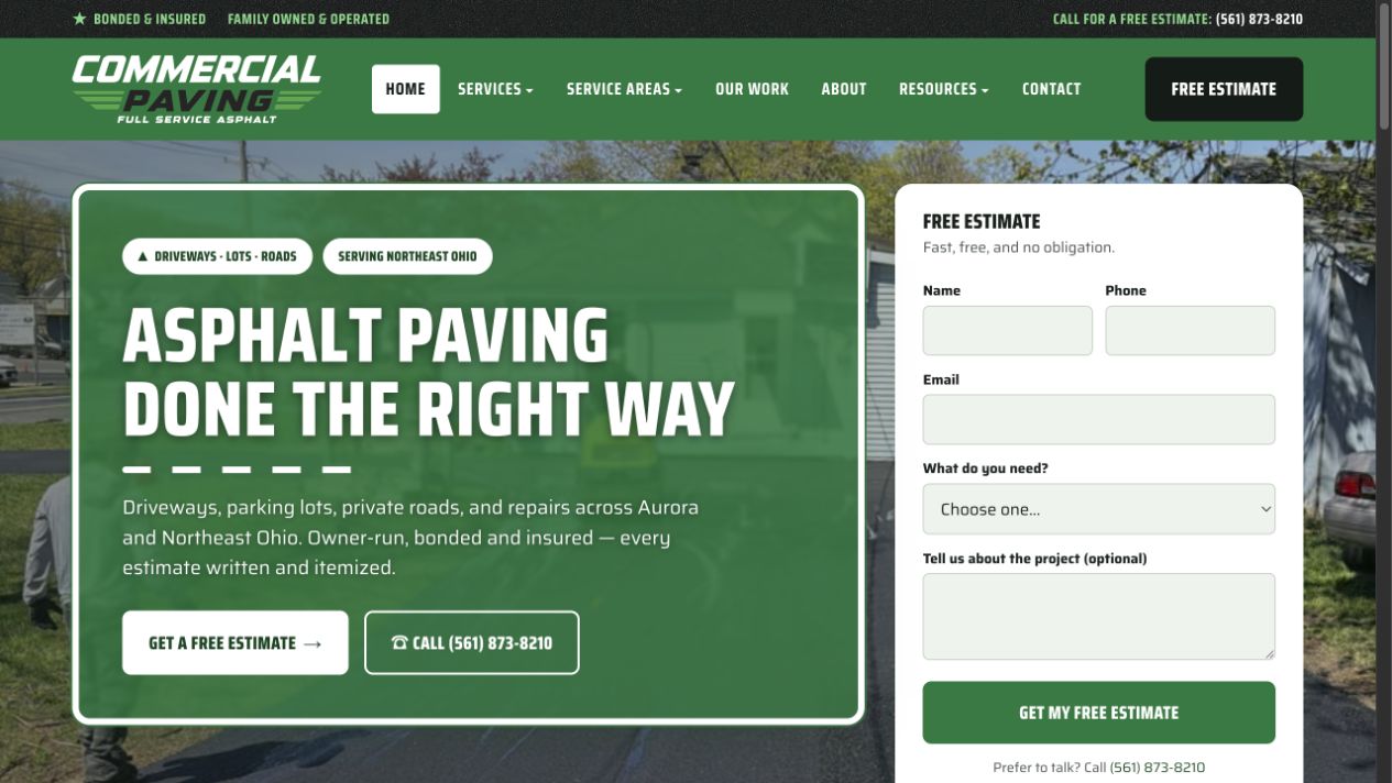 Commercial Paving company website homepage