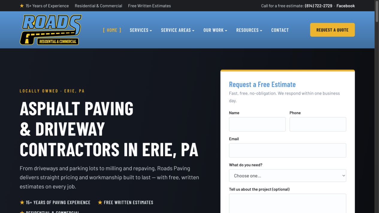 Erie Asphalt paving company website homepage